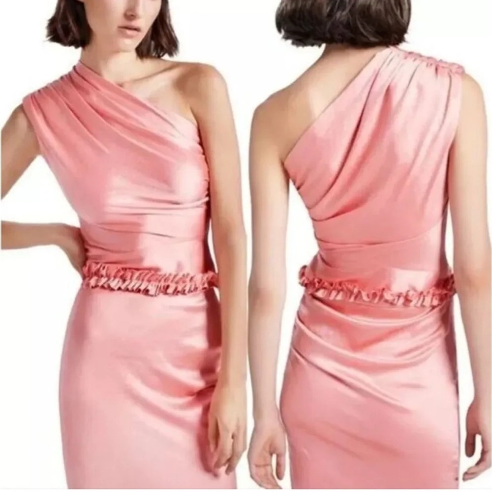 Smythe Ruffle Trim One Shoulder Top Rose Pink Size 4 Satin Smocked Blouse